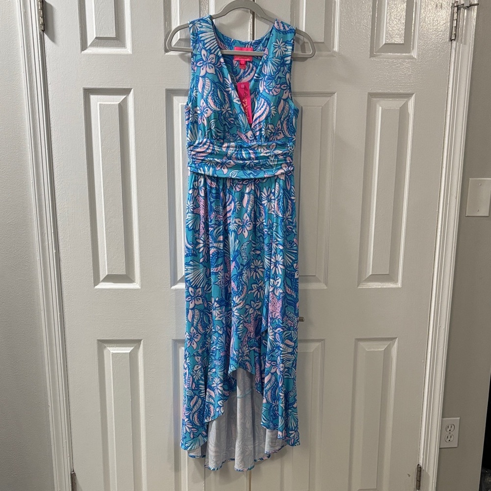 Lilly Pulitzer Vibrant Blue and Pink Patterned Hi-low Maxi Dress